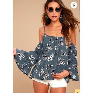 Lulus Sunup to Sundown Slate Blue Floral Print Off-the-Shoulder Top